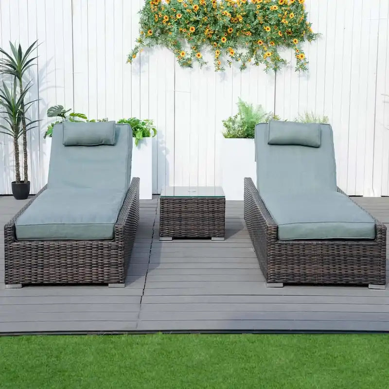 3-piece Patio Wicker Adjustable Chaise Lounge Set with Arms Throw Pillow Not Include