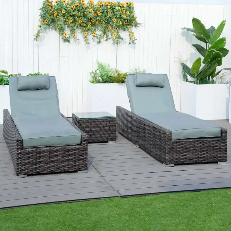 3-piece Patio Wicker Adjustable Chaise Lounge Set with Arms Throw Pillow Not Include