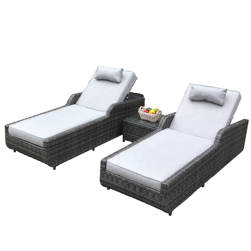 3-piece Patio Wicker Adjustable Chaise Lounge Set with Arms Throw Pillow Not Include