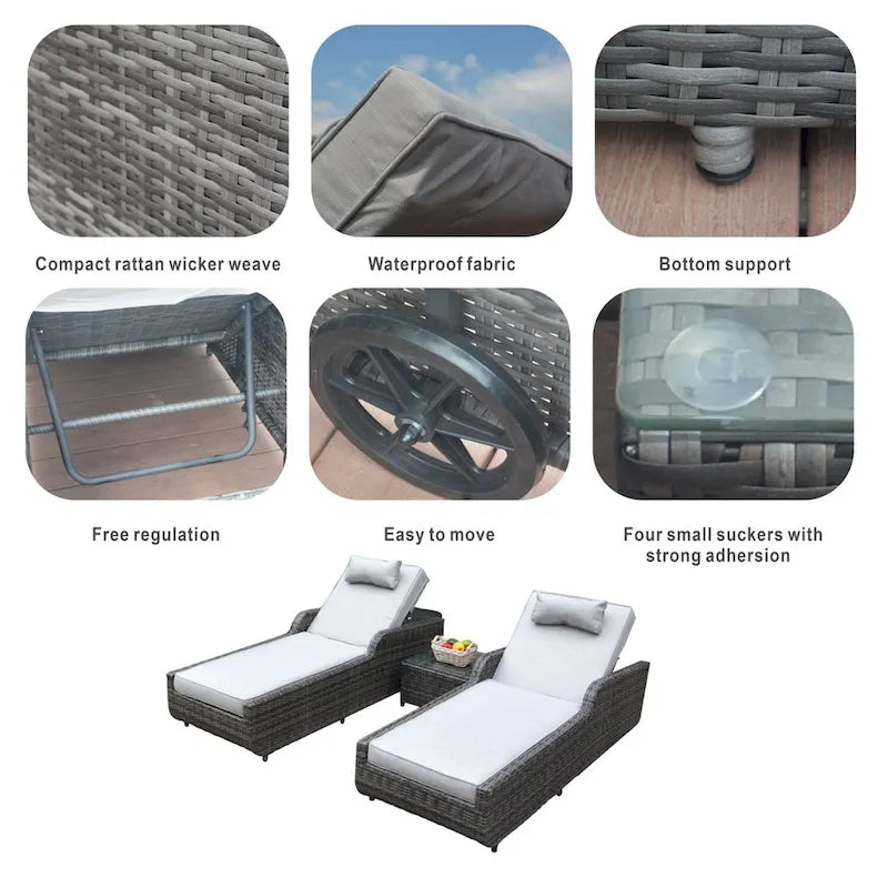 3-piece Patio Wicker Adjustable Chaise Lounge Set with Arms Throw Pillow Not Include