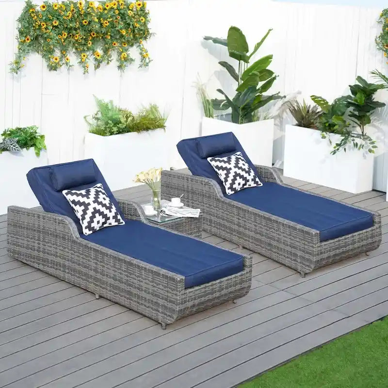 3-piece Patio Wicker Adjustable Chaise Lounge Set with Arms Throw Pillow Not Include