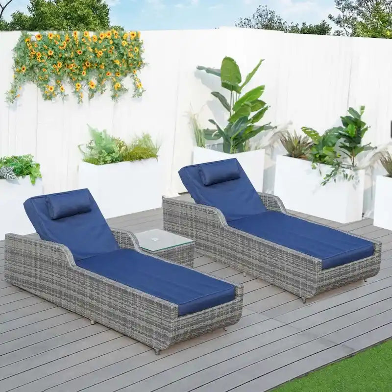 3-piece Patio Wicker Adjustable Chaise Lounge Set with Arms Throw Pillow Not Include