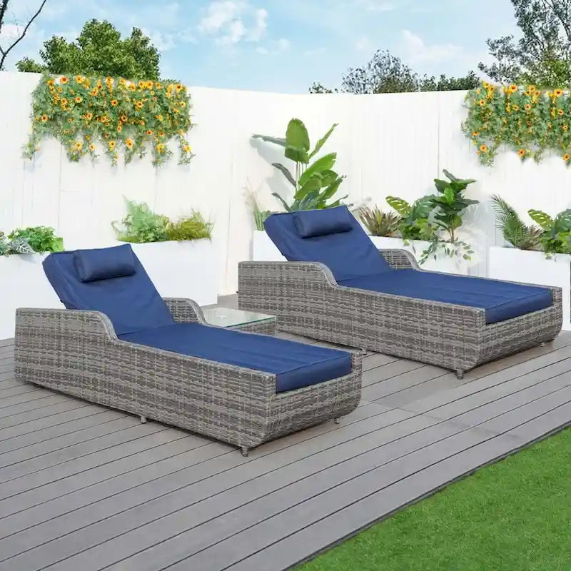 3-piece Patio Wicker Adjustable Chaise Lounge Set with Arms Throw Pillow Not Include