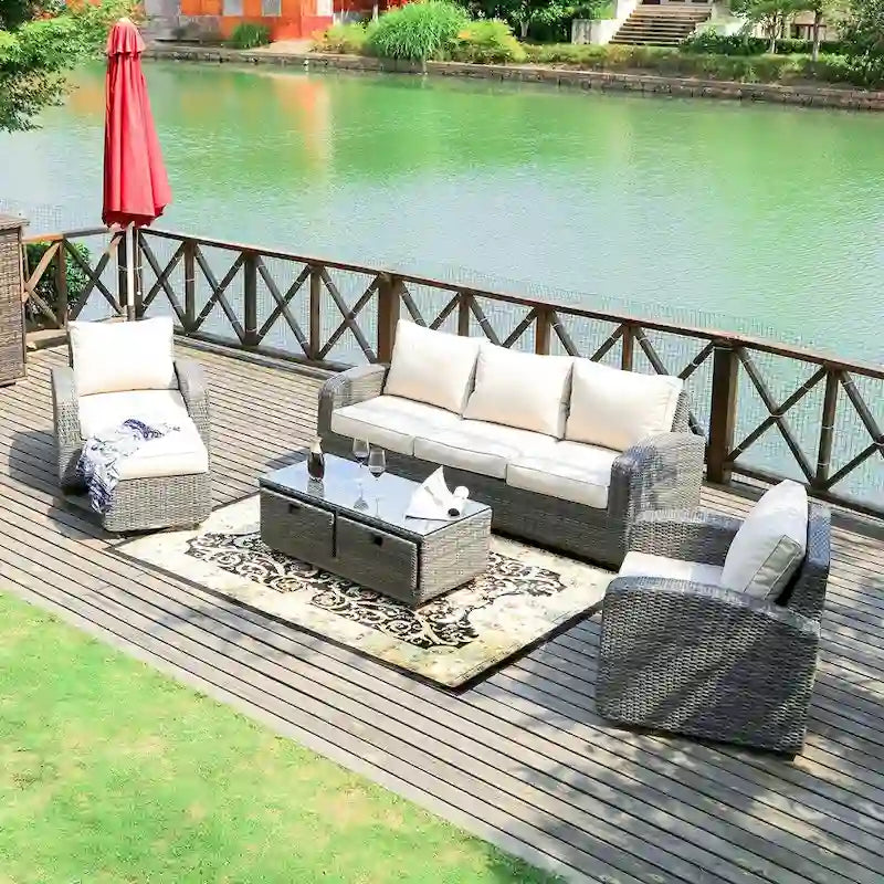 5-piece Wicker Patio Chat Set with Drawer Table