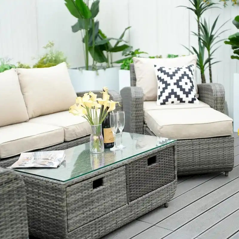 5-piece Wicker Patio Chat Set with Drawer Table