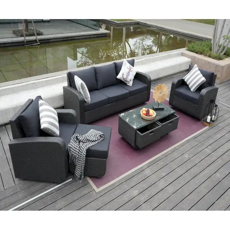 5-piece Wicker Patio Chat Set with Drawer Table