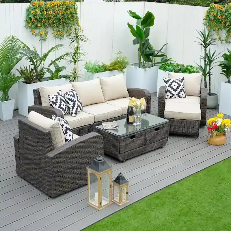 5-piece Wicker Patio Chat Set with Drawer Table