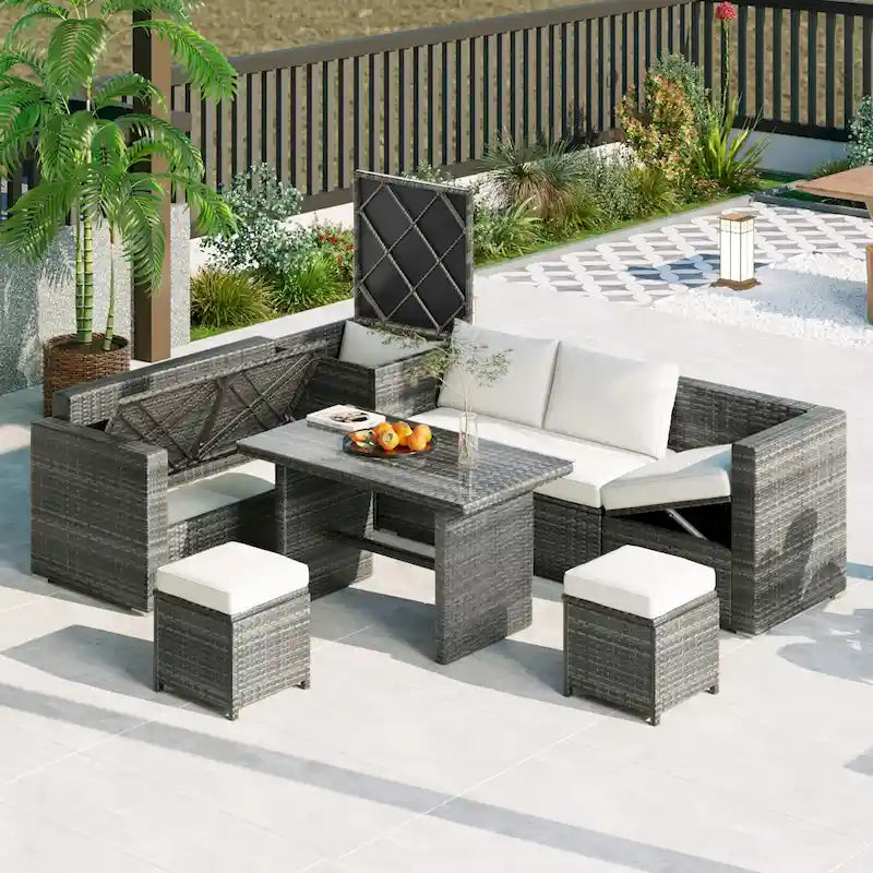 6PCS Outdoor Patio Wicker Rattan Sectional Set with Storage Box and Tempered Glass Top Table
