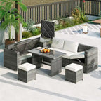 6PCS Outdoor Patio Wicker Rattan Sectional Set with Storage Box and Tempered Glass Top Table