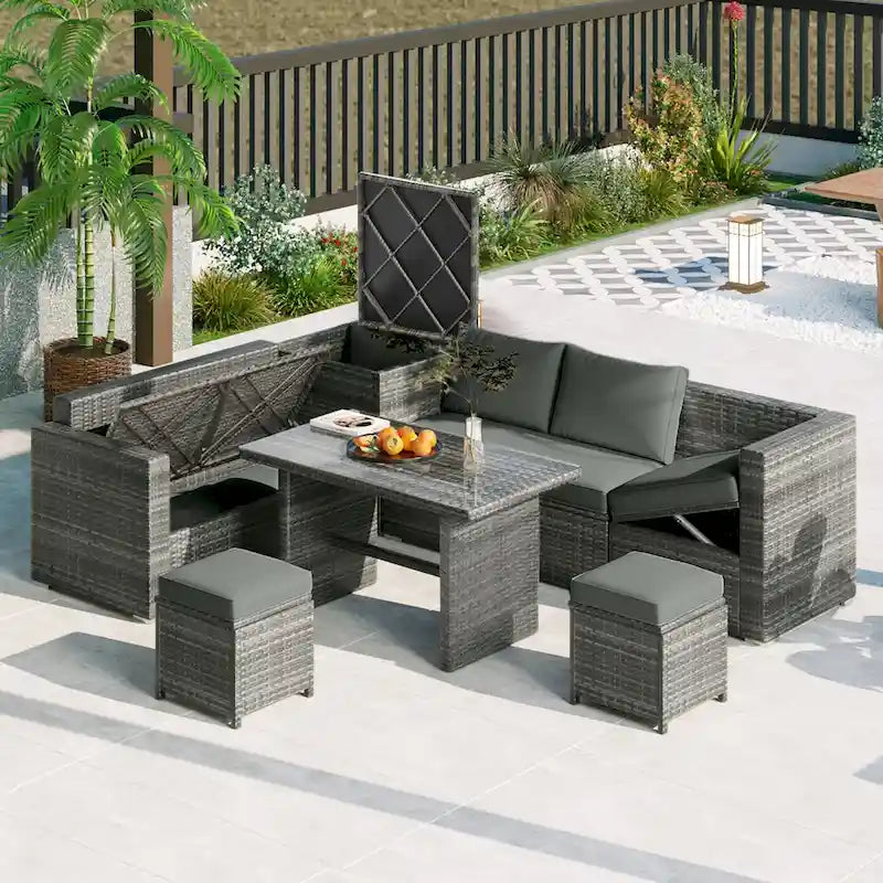 6PCS Outdoor Patio Wicker Rattan Sectional Set with Storage Box and Tempered Glass Top Table