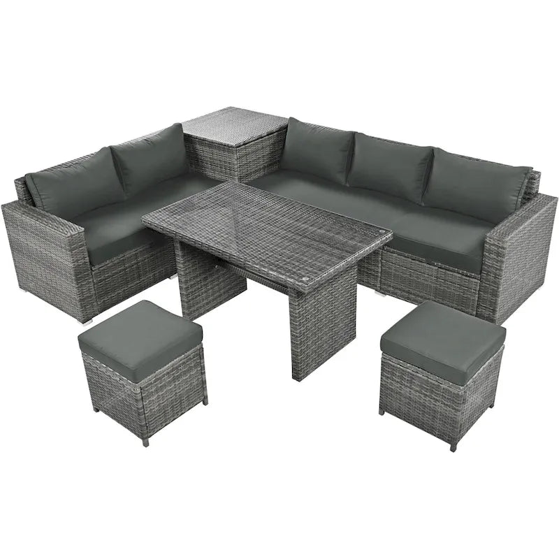 6PCS Outdoor Patio Wicker Rattan Sectional Set with Storage Box and Tempered Glass Top Table