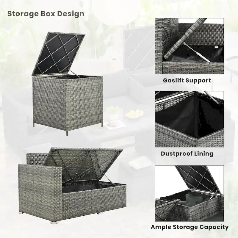 6PCS Outdoor Patio Wicker Rattan Sectional Set with Storage Box and Tempered Glass Top Table
