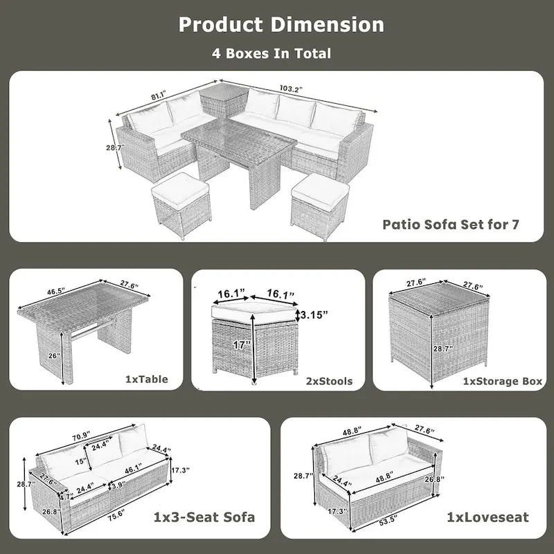 6PCS Outdoor Patio Wicker Rattan Sectional Set with Storage Box and Tempered Glass Top Table