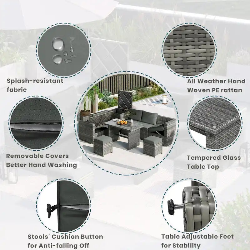6PCS Outdoor Patio Wicker Rattan Sectional Set with Storage Box and Tempered Glass Top Table