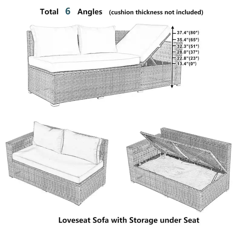 6PCS Outdoor Patio Wicker Rattan Sectional Set with Storage Box and Tempered Glass Top Table
