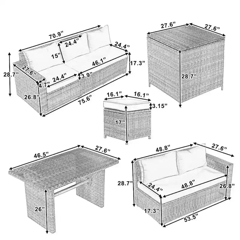 6PCS Outdoor Patio Wicker Rattan Sectional Set with Storage Box and Tempered Glass Top Table