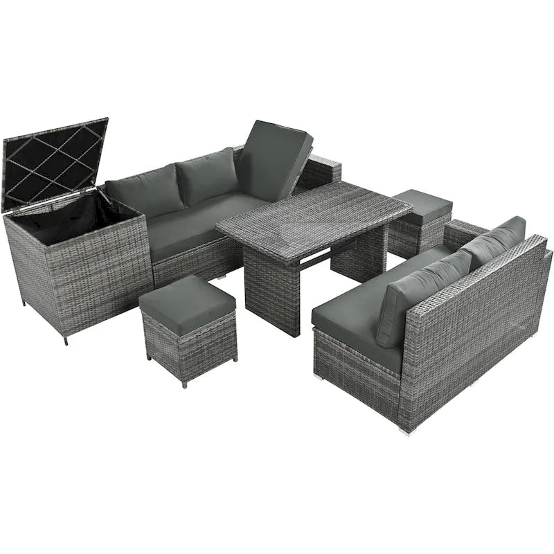 6PCS Outdoor Patio Wicker Rattan Sectional Set with Storage Box and Tempered Glass Top Table