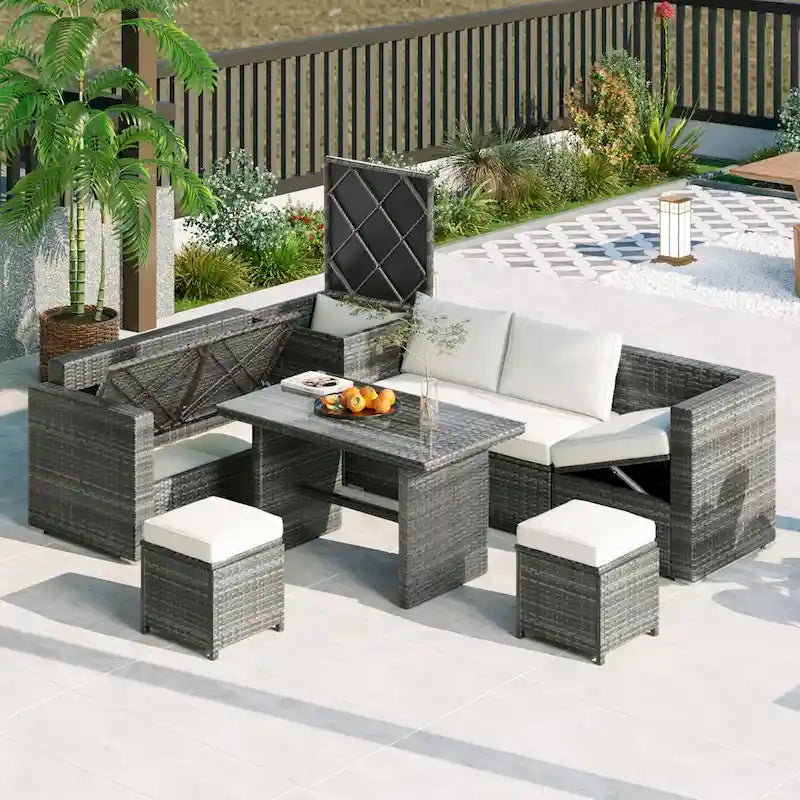 6PCS Outdoor Patio Wicker Rattan Sectional Set with Storage Box and Tempered Glass Top Table