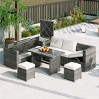 6PCS Outdoor Patio Wicker Rattan Sectional Set with Storage Box and Tempered Glass Top Table