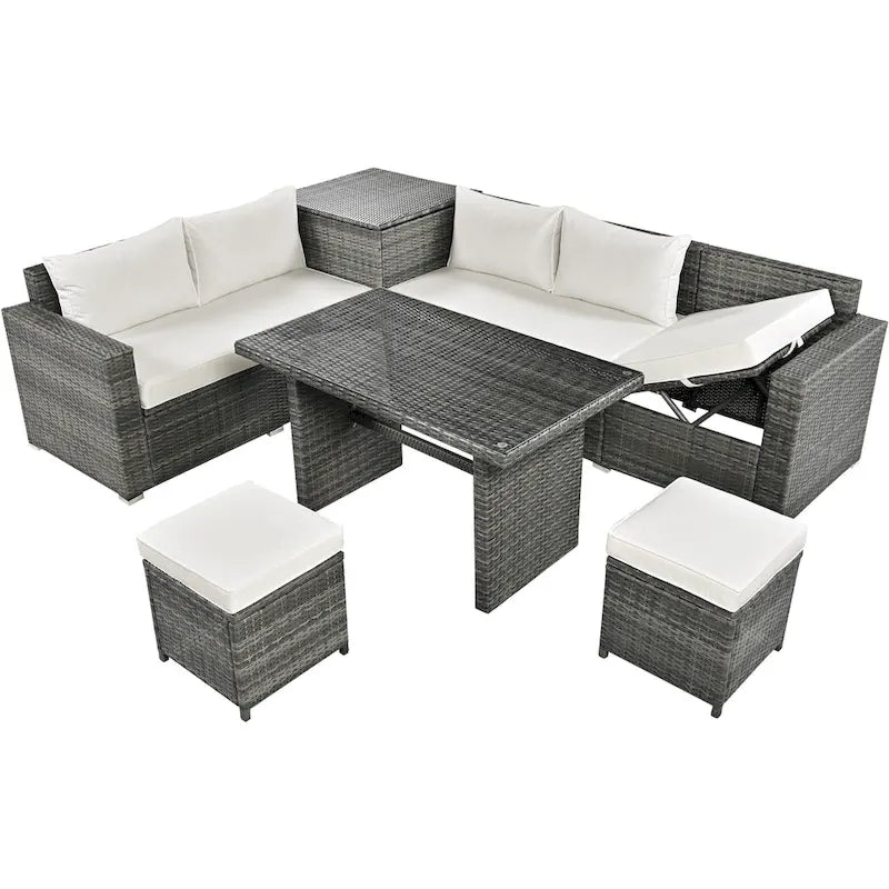 6PCS Outdoor Patio Wicker Rattan Sectional Set with Storage Box and Tempered Glass Top Table