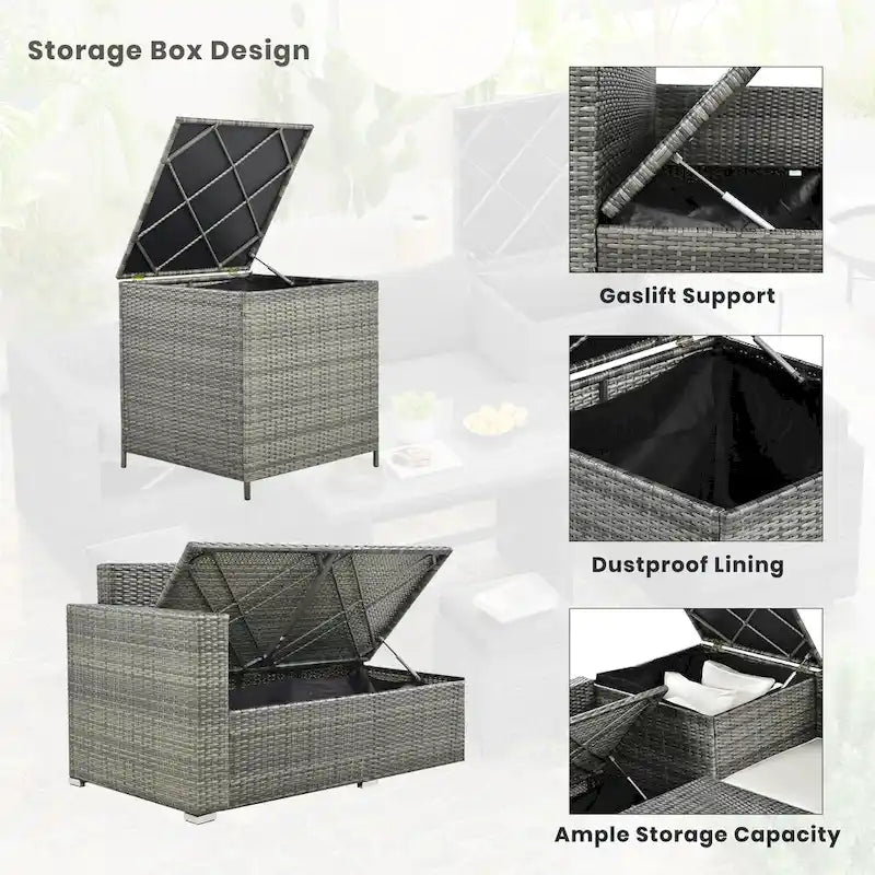 6PCS Outdoor Patio Wicker Rattan Sectional Set with Storage Box and Tempered Glass Top Table