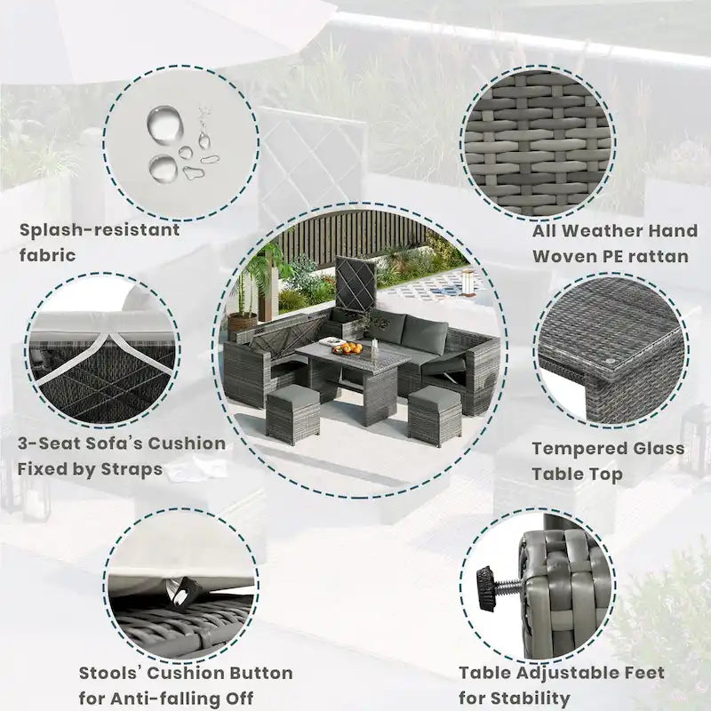 6PCS Outdoor Patio Wicker Rattan Sectional Set with Storage Box and Tempered Glass Top Table