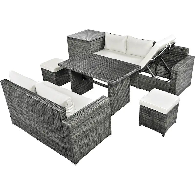 6PCS Outdoor Patio Wicker Rattan Sectional Set with Storage Box and Tempered Glass Top Table