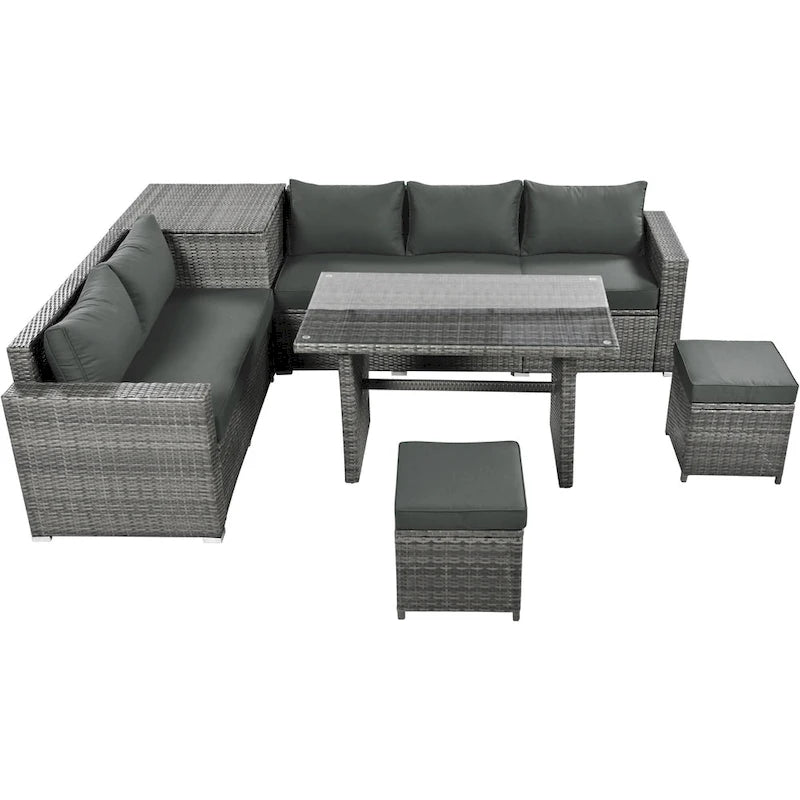 6PCS Outdoor Patio Wicker Rattan Sectional Set with Storage Box and Tempered Glass Top Table