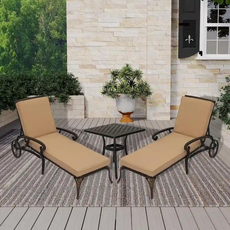 3-Piece Cast Aluminum Reclining Outdoor Chaise Lounge with Side Table