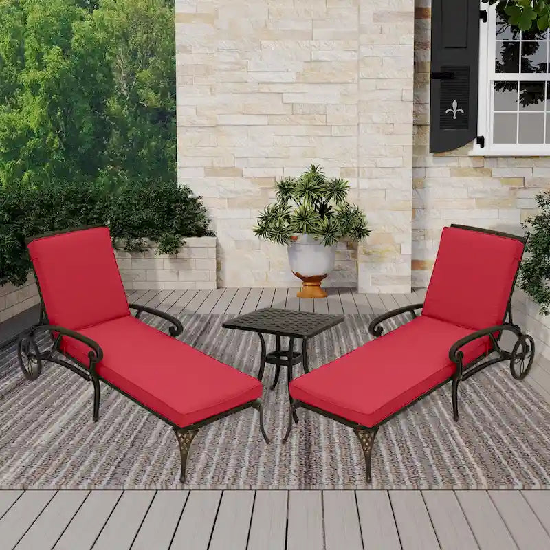 3-Piece Cast Aluminum Reclining Outdoor Chaise Lounge with Side Table
