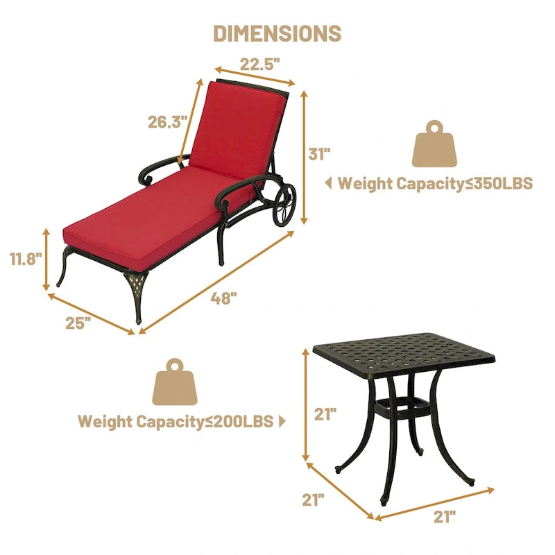 3-Piece Cast Aluminum Reclining Outdoor Chaise Lounge with Side Table