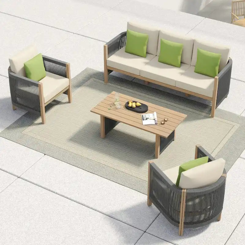 Corvus Iona 4-piece Patio Eucalyptus Wood and Rope Sofa Seating Set with Sunbrella Fabric