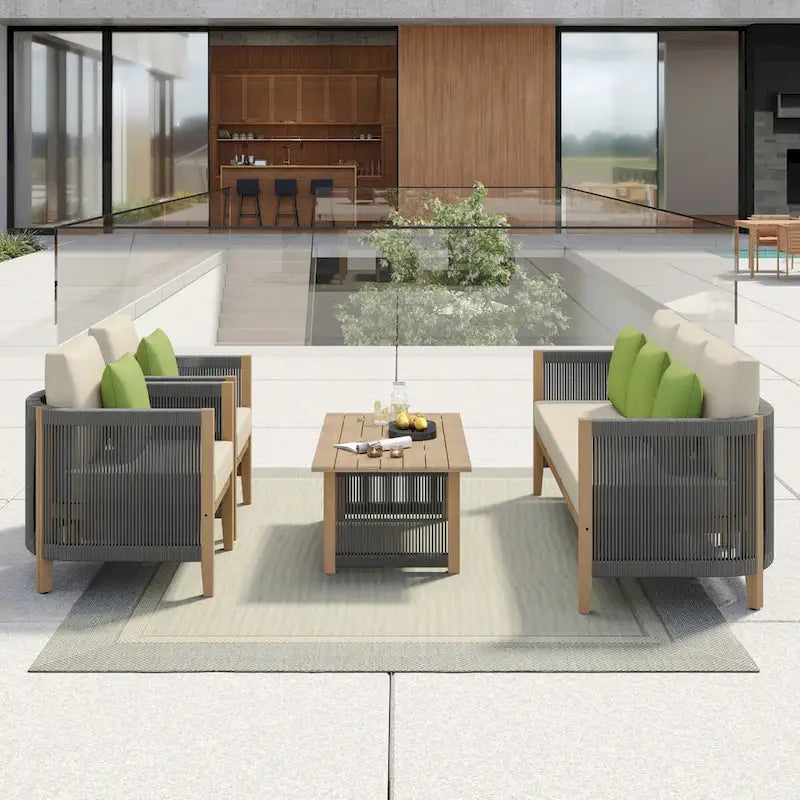 Corvus Iona 4-piece Patio Eucalyptus Wood and Rope Sofa Seating Set with Sunbrella Fabric