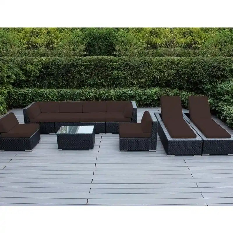 Ohana Outdoor Patio 9 Piece Black Wicker Sofa and Chaise Lounge Set - No Assembly