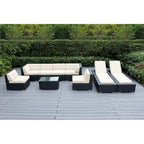 Ohana Outdoor Patio 9 Piece Black Wicker Sofa and Chaise Lounge Set - No Assembly