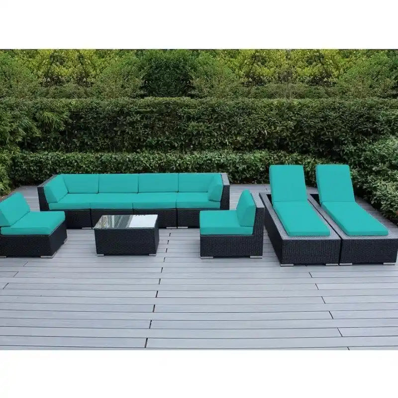 Ohana Outdoor Patio 9 Piece Black Wicker Sofa and Chaise Lounge Set - No Assembly