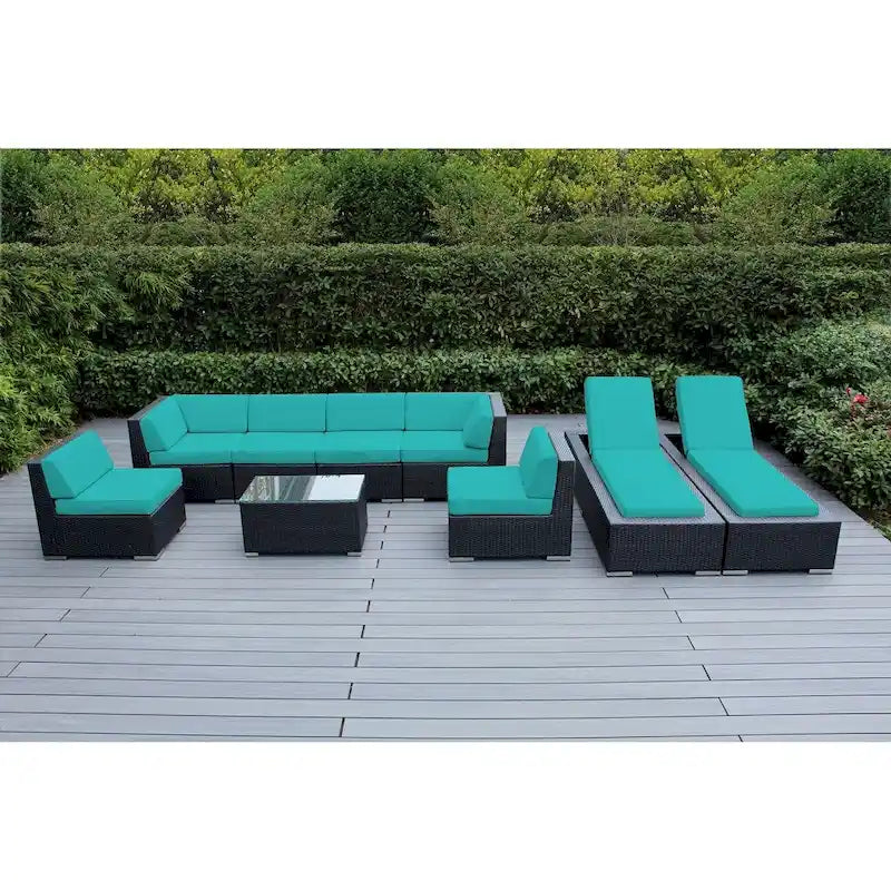 Ohana Outdoor Patio 9 Piece Black Wicker Sofa and Chaise Lounge Set - No Assembly