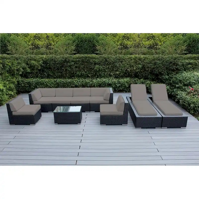Ohana Outdoor Patio 9 Piece Black Wicker Sofa and Chaise Lounge Set - No Assembly
