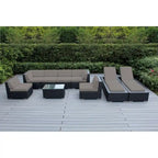 Ohana Outdoor Patio 9 Piece Black Wicker Sofa and Chaise Lounge Set - No Assembly