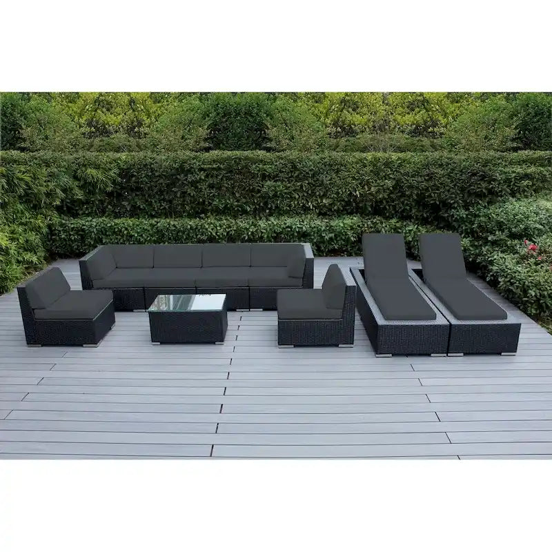 Ohana Outdoor Patio 9 Piece Black Wicker Sofa and Chaise Lounge Set - No Assembly