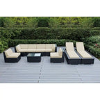 Ohana Outdoor Patio 9 Piece Black Wicker Sofa and Chaise Lounge Set - No Assembly