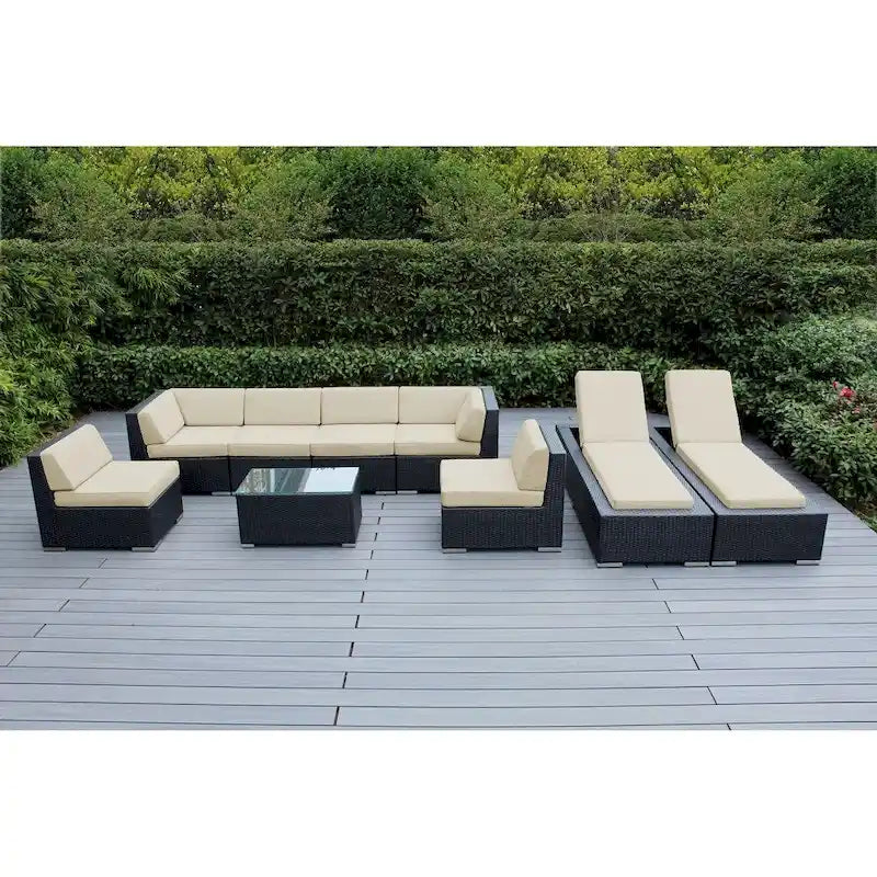 Ohana Outdoor Patio 9 Piece Black Wicker Sofa and Chaise Lounge Set - No Assembly