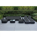 Ohana Outdoor Patio 9 Piece Black Wicker Sofa and Chaise Lounge Set - No Assembly