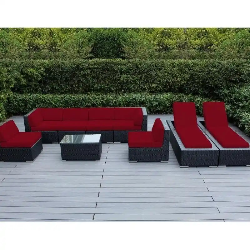 Ohana Outdoor Patio 9 Piece Black Wicker Sofa and Chaise Lounge Set - No Assembly