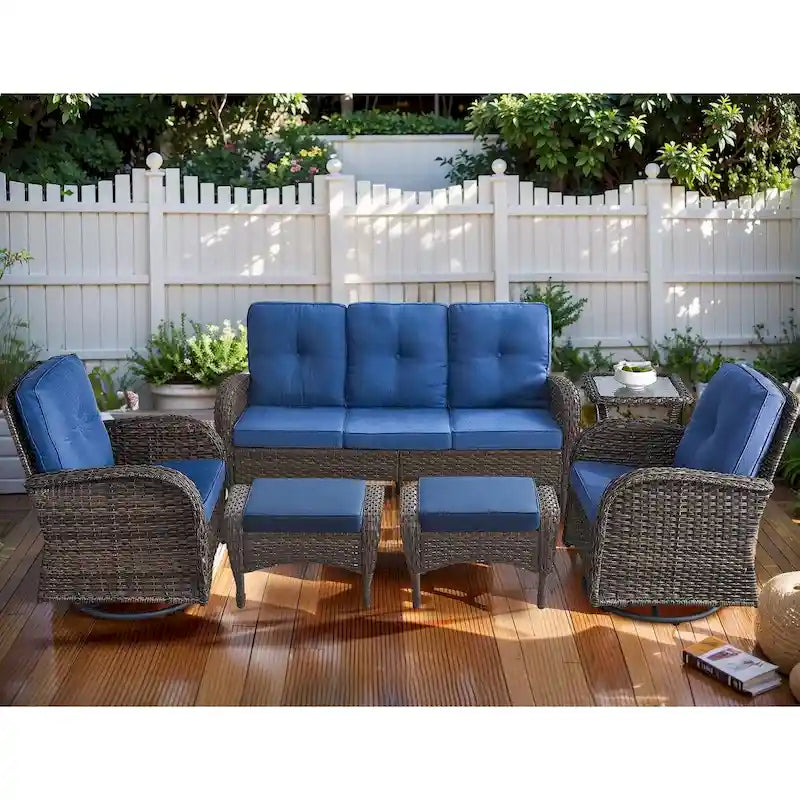 6 Piece Outdoor Sofa Swivel Chair with Ottomans - Brown