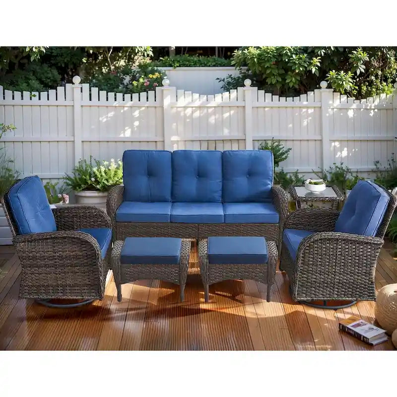 6 Piece Outdoor Sofa Swivel Chair with Ottomans - Brown