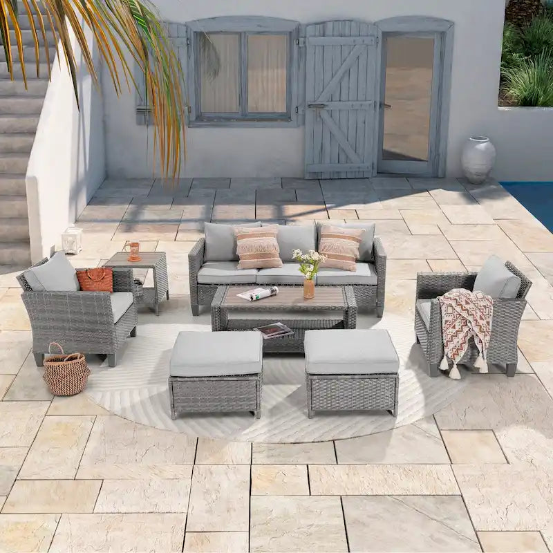LIVOOSUN Outdoor 7Pcs Furniture Conversation Gray Rattan Sofa Set w/2 Tables
