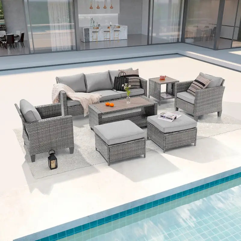 LIVOOSUN Outdoor 7Pcs Furniture Conversation Gray Rattan Sofa Set w/2 Tables