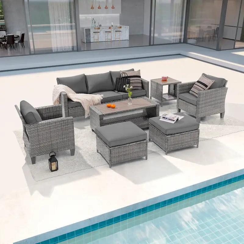 LIVOOSUN Outdoor 7Pcs Furniture Conversation Gray Rattan Sofa Set w/2 Tables