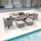 LIVOOSUN Outdoor 7Pcs Furniture Conversation Gray Rattan Sofa Set w/2 Tables